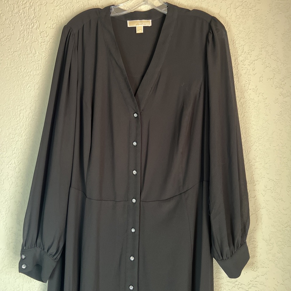 Michael Kors Black Sheer Shirt Dress 1X Plus Long Sleeve Button V-Neck MIDI Chic